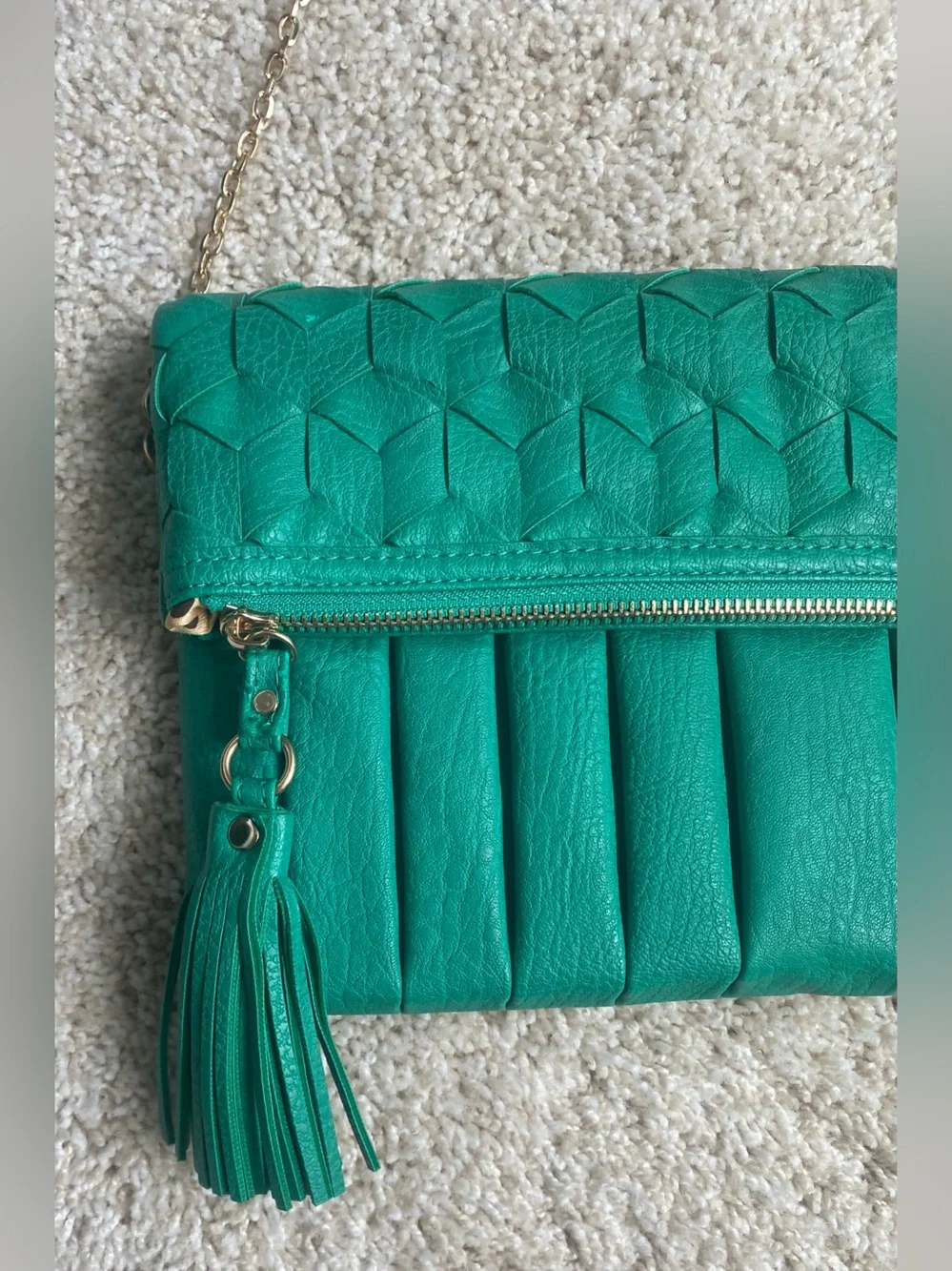 Fold-Over Tassel Clutch with Gold Chain crossbody